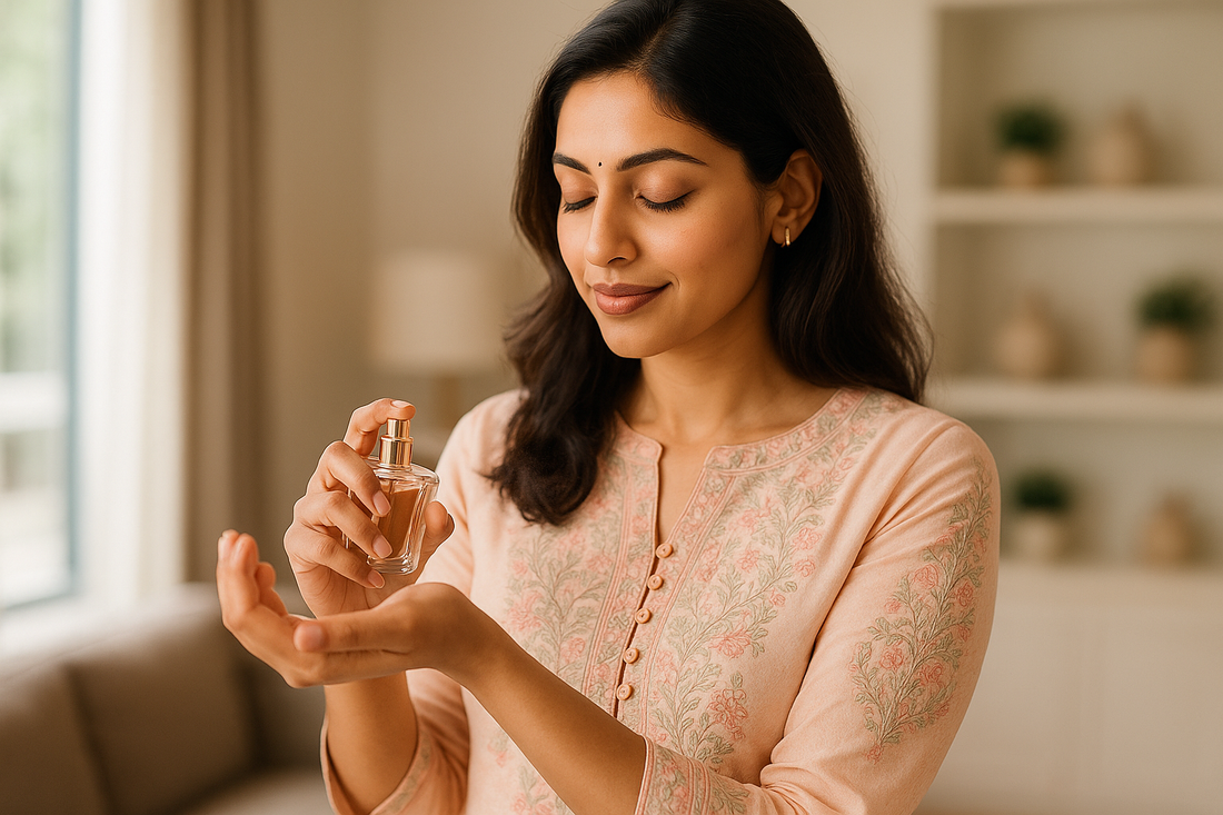 a indian customer photo stock image useing perfume