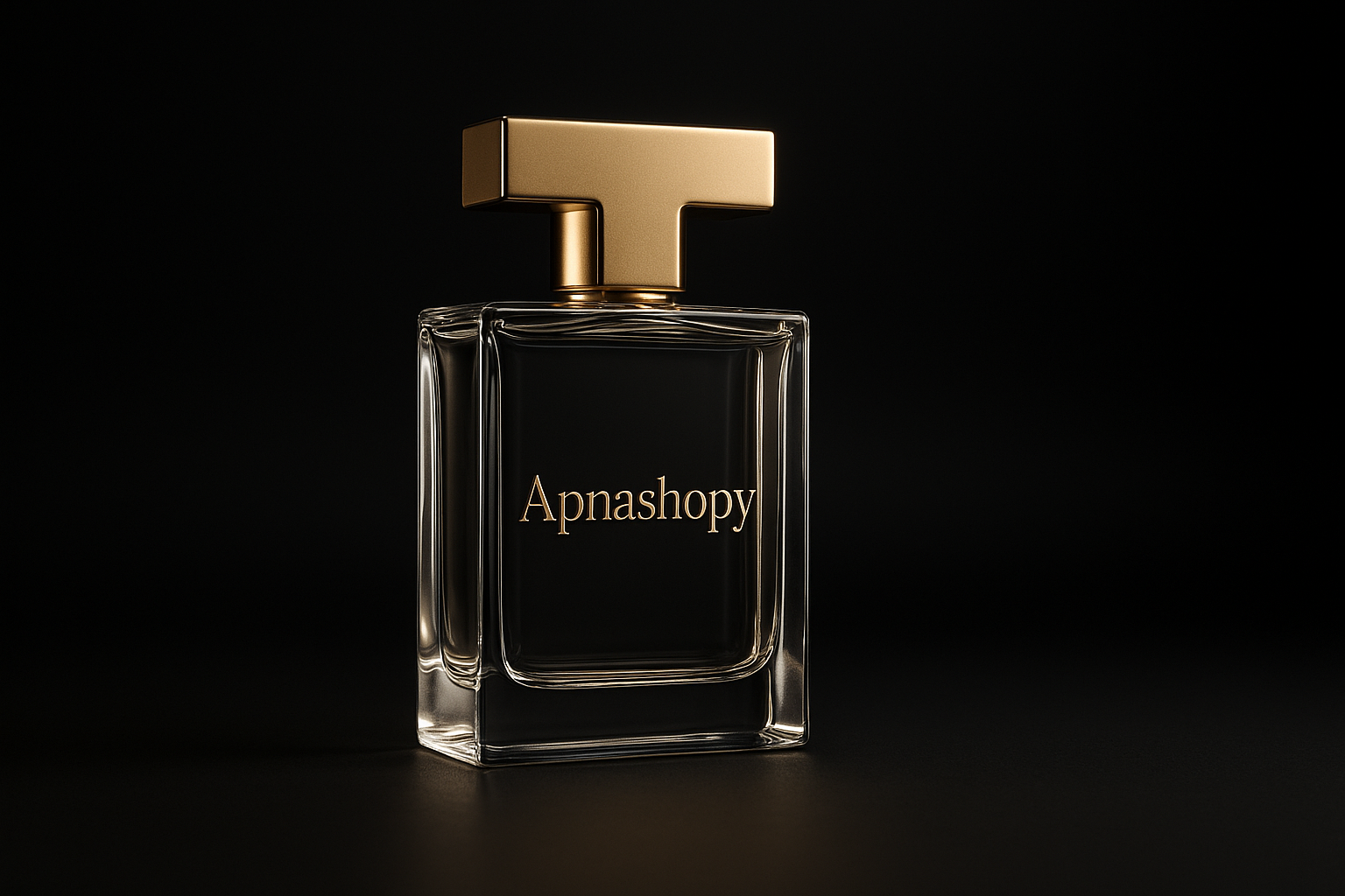 Ultra realistic 3D render of a luxury perfume bottle with a sleek rectangular glass design. 
The cap is a premium metallic gold T-shape, giving a bold modern look. 
The bottle base (footer) is solid and heavy, reflecting elegance. 
On the front, the brand name "Apnashopy" is embossed in metallic gold text. 
Background is minimal black with soft spotlight, giving a premium luxury product photoshoot style. size 1910 into 1080